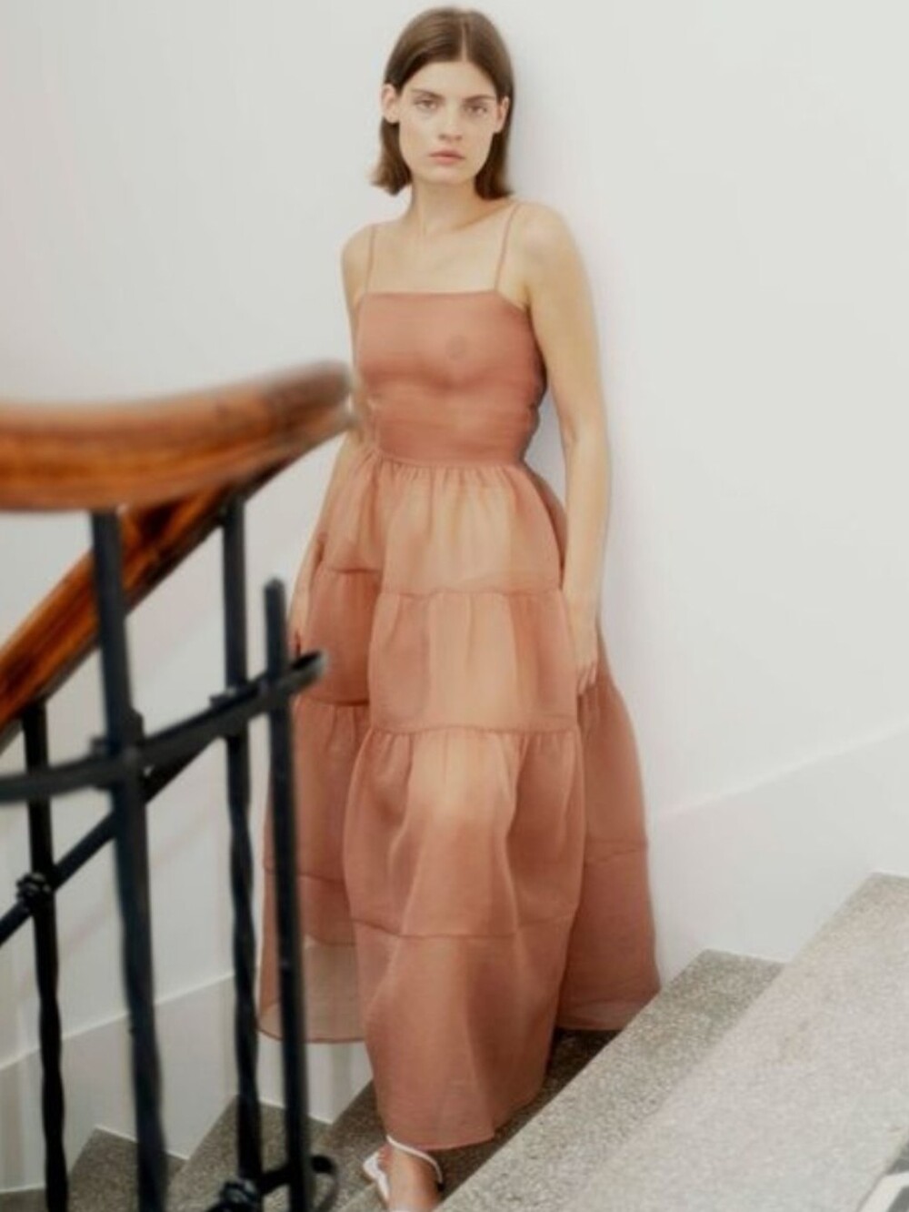 NWT OHSEVENDAYS ANTHROPOLOGIE Blush Sand Lucille Tiered Sheer Ballet Midi Dress